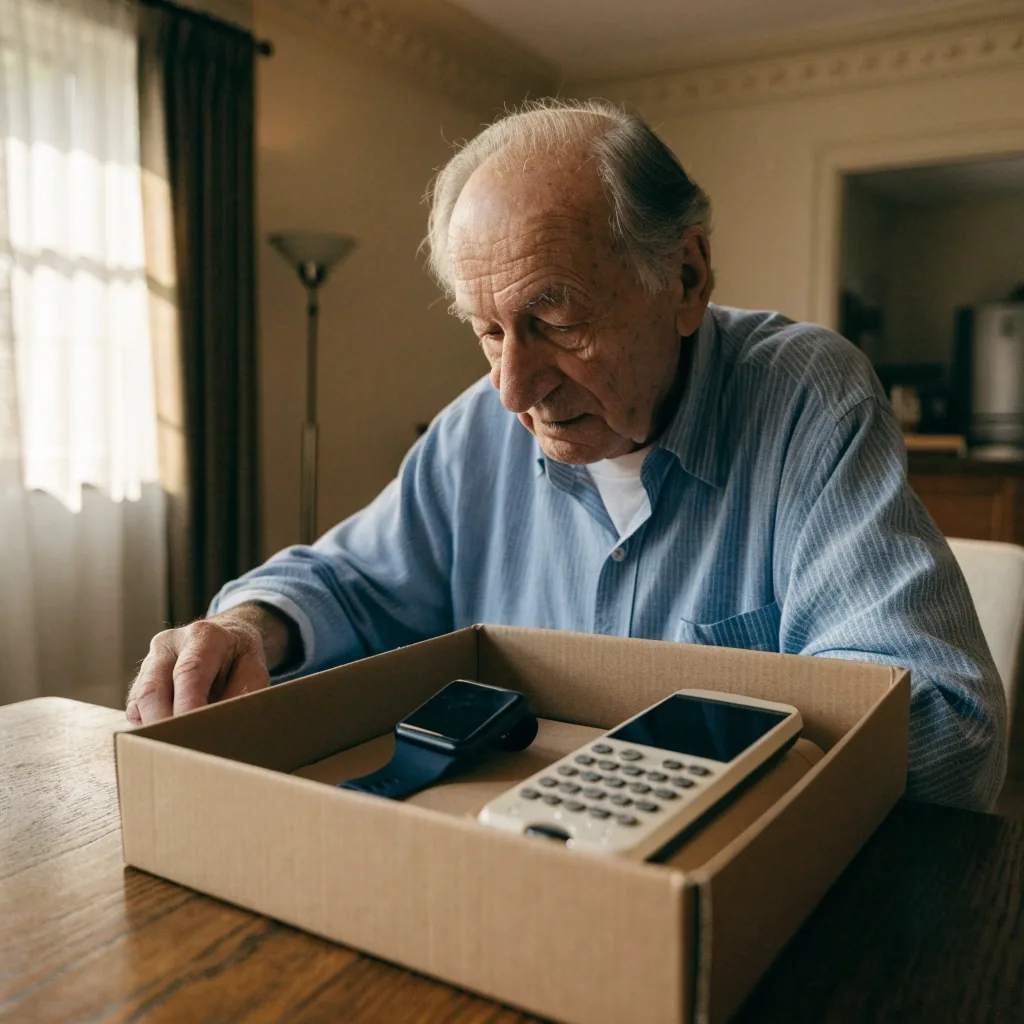 Persona mayor revisando en casa el contenido de una caja entregada con un reloj inteligente y un teléfono de teclado grande