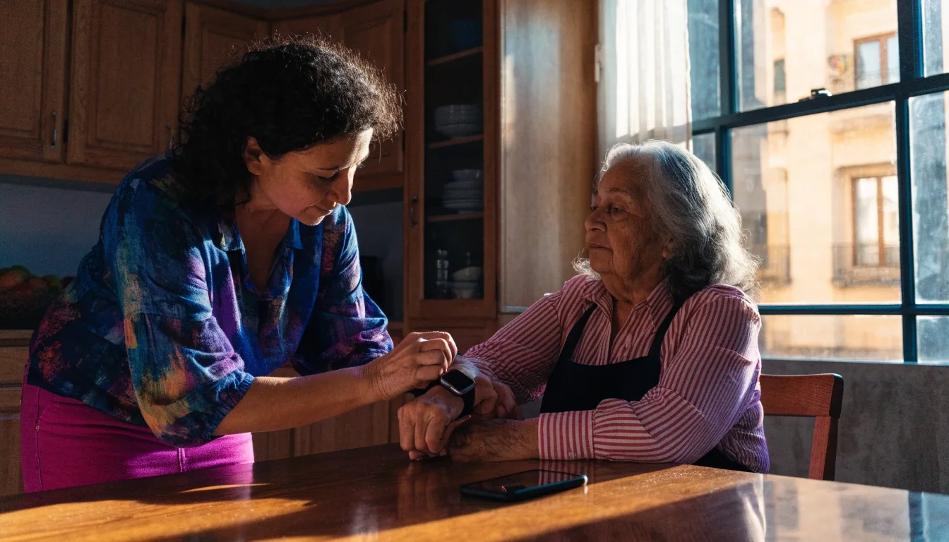 Familiar ayudando a configurar un reloj inteligente en la mesa de una cocina