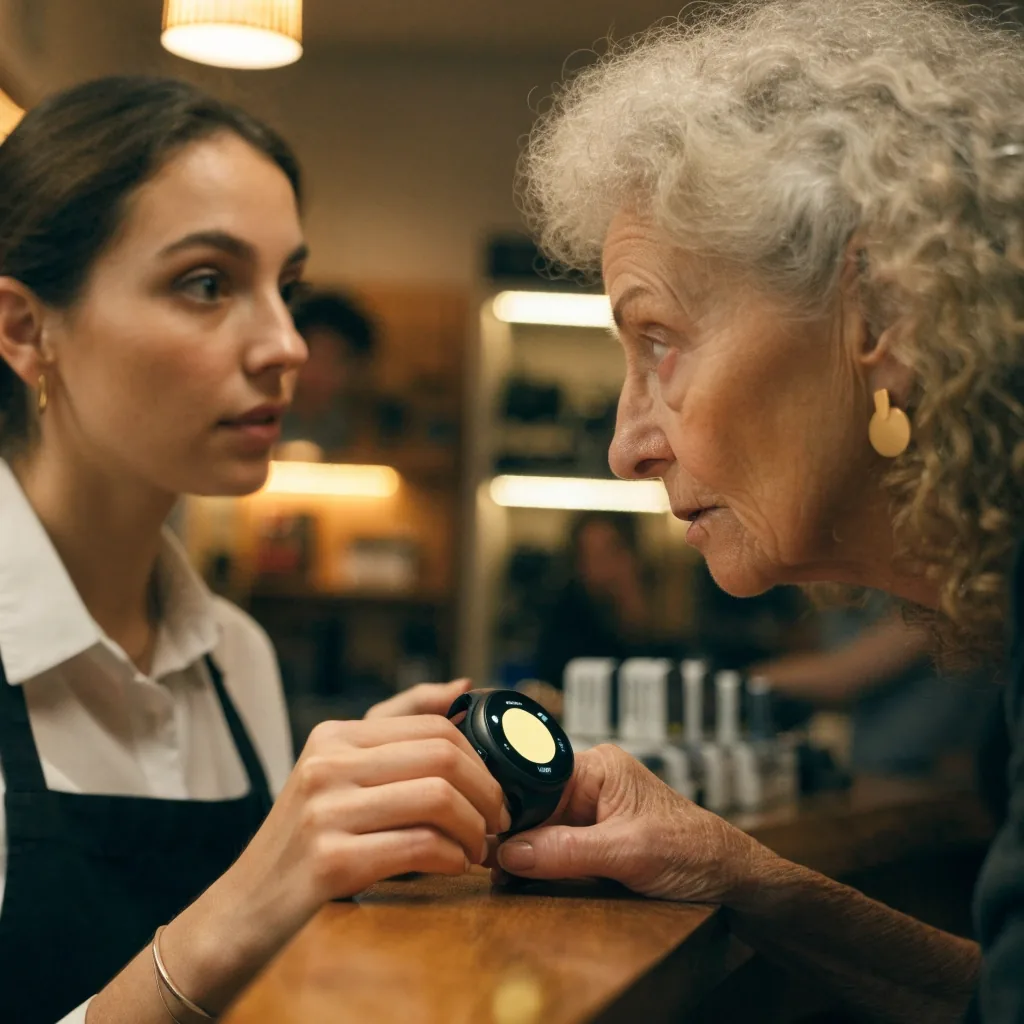 Asesoramiento en el local: una persona muestra un reloj inteligente a una clienta mayor
