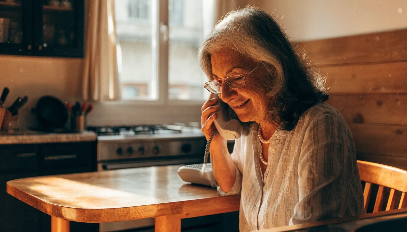 Una señora mayor hablando por teléfono en la cocina de su casa