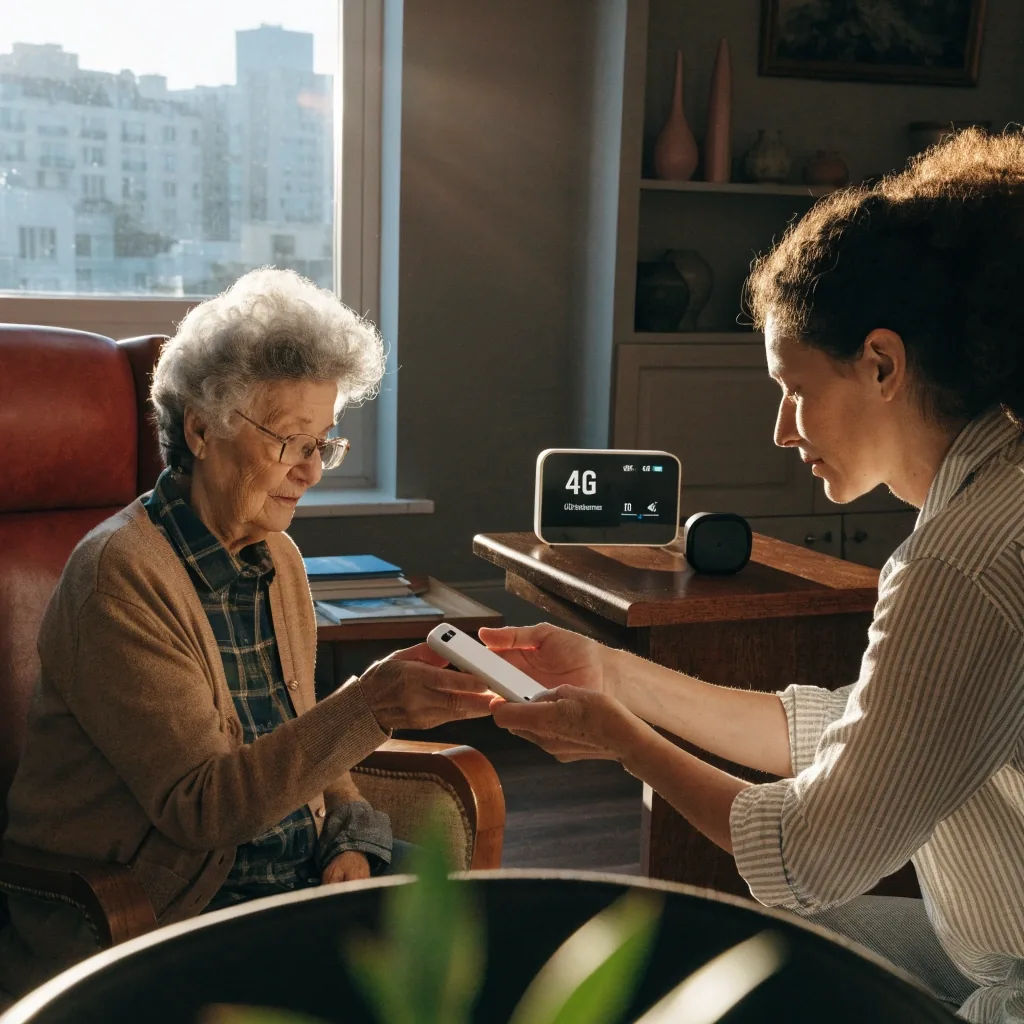 Familiar entregando un teléfono simplificado a una persona mayor en su living