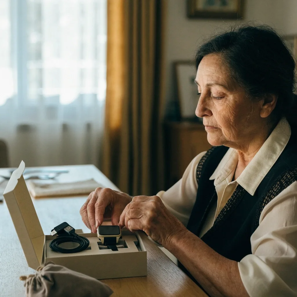 Manos embalando un gadget para adultos mayores con sus accesorios para devolverlo