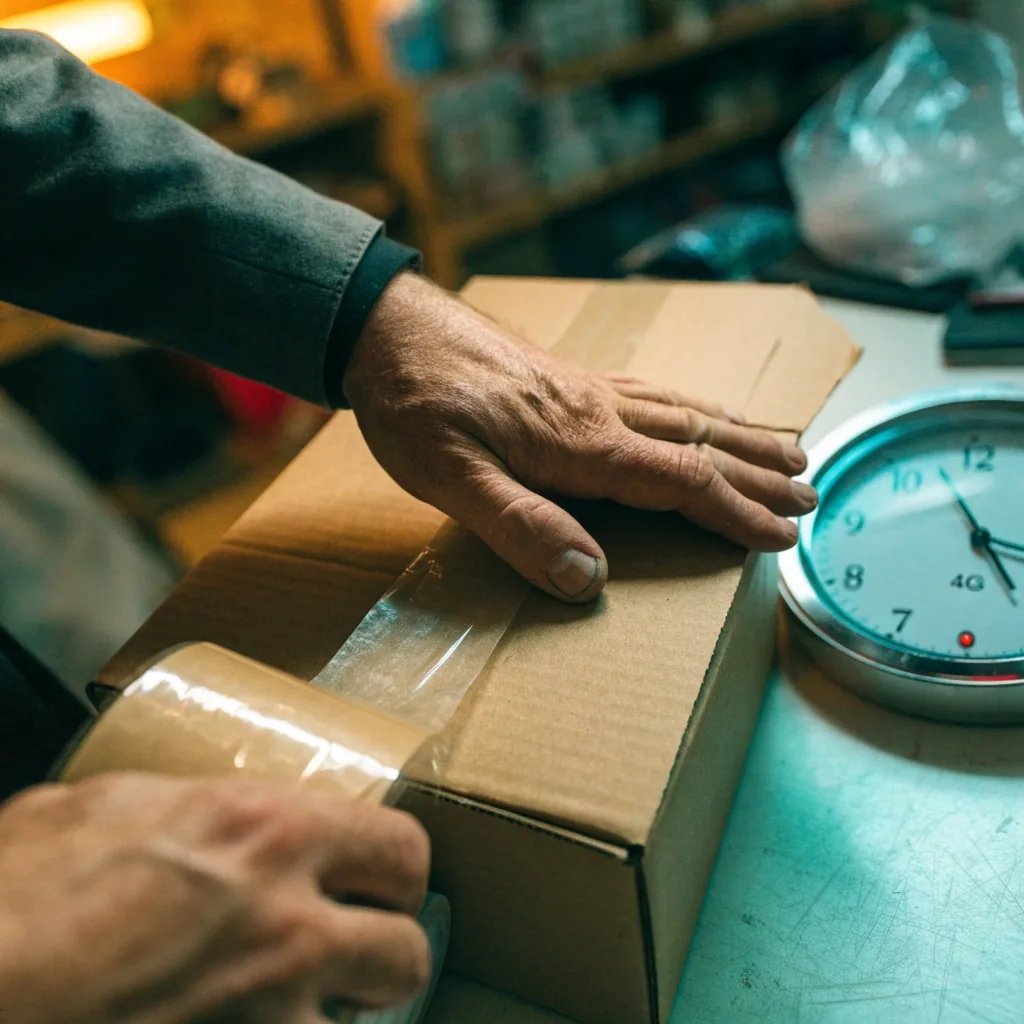 Manos de un operador preparando un paquete en una mesa de despacho