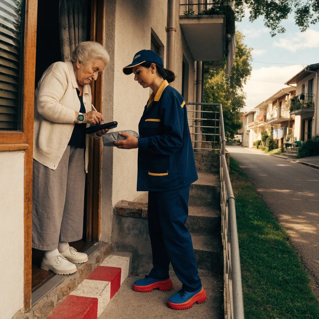 Mensajero cargando un paquete en la puerta de una casa durante una entrega programada