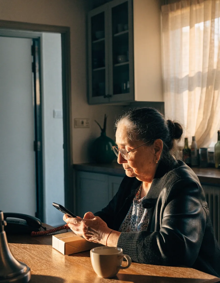 Mujer mayor revisando un paquete en la mesa de su cocina