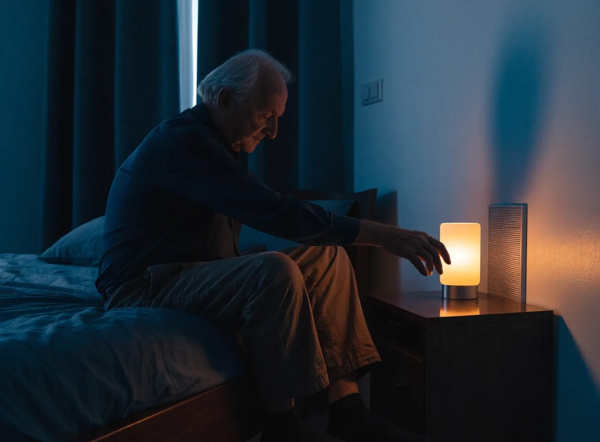 Lámpara inteligente encendida sobre una mesa de luz