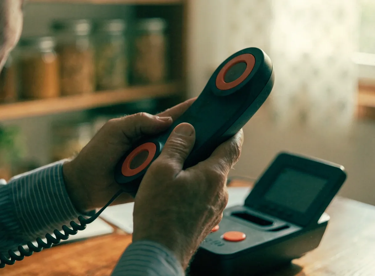 Manos de un adulto mayor sosteniendo un teléfono simplificado