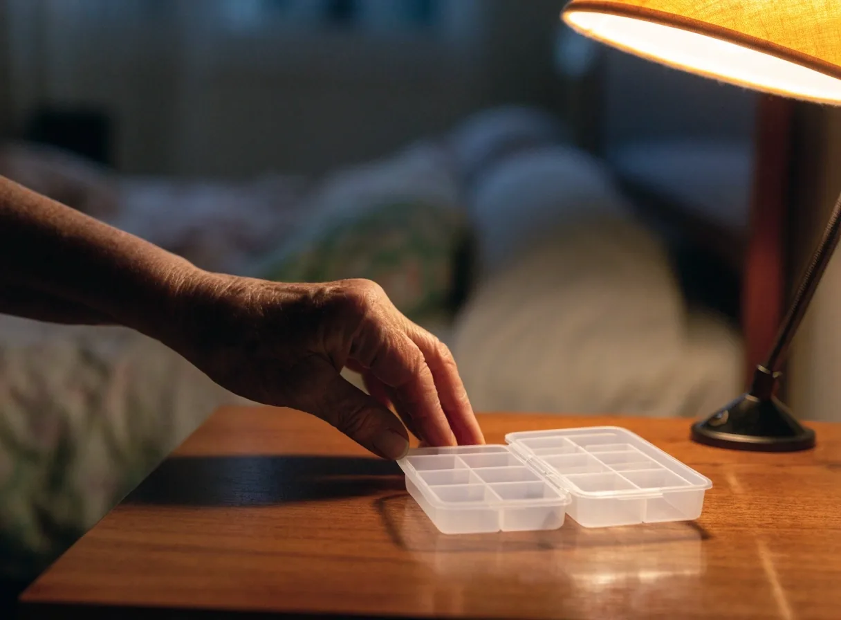 Organizador de pastillas junto a una lámpara de mesa de luz