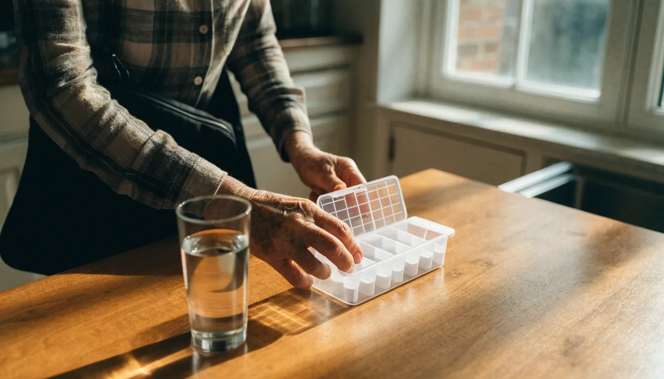 Pastillero semanal abierto sobre una mesada de cocina