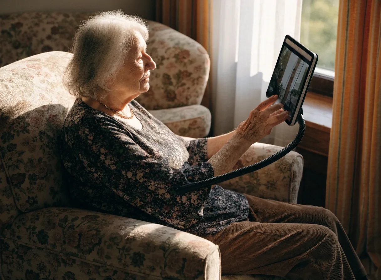 Soporte flexible para tablet sujeto al apoyabrazos de un sillón
