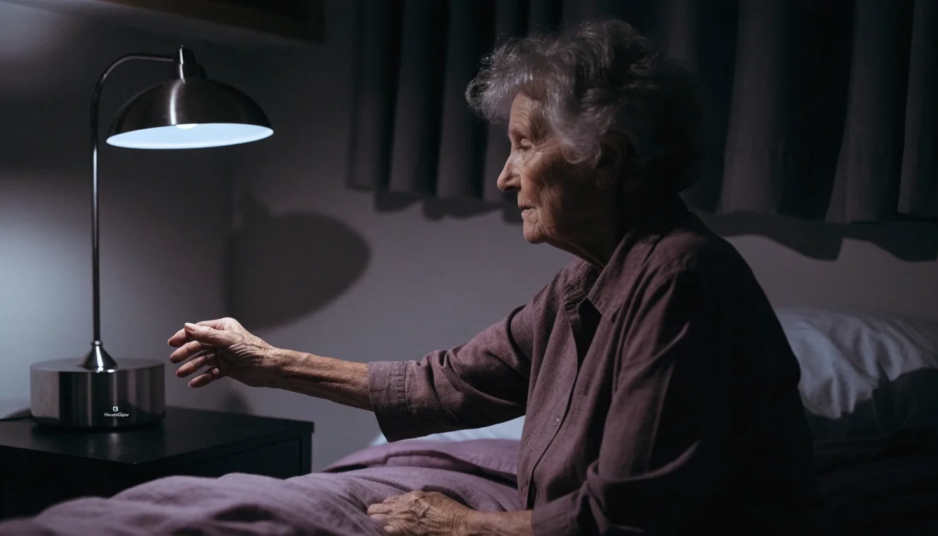 Mujer mayor encendiendo la HomeGlow desde la cama en un dormitorio en penumbra