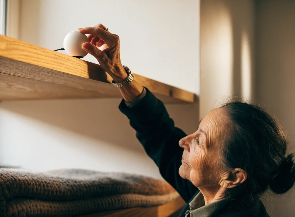 Sensor de Caídas HomeGuard sobre una repisa de madera clara