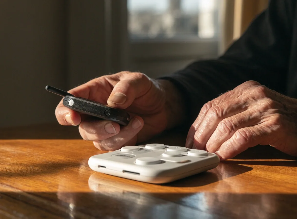 Teléfono Simplificado EasyCall con teclas grandes sobre una base de fieltro