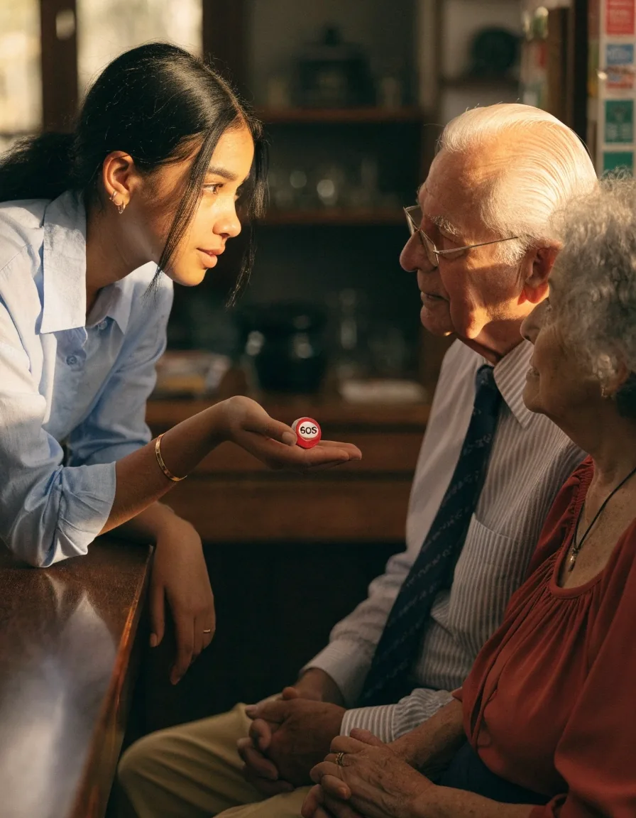 Dos personas mayores conversando con un asesor sobre un dispositivo pequeño sobre la mesa