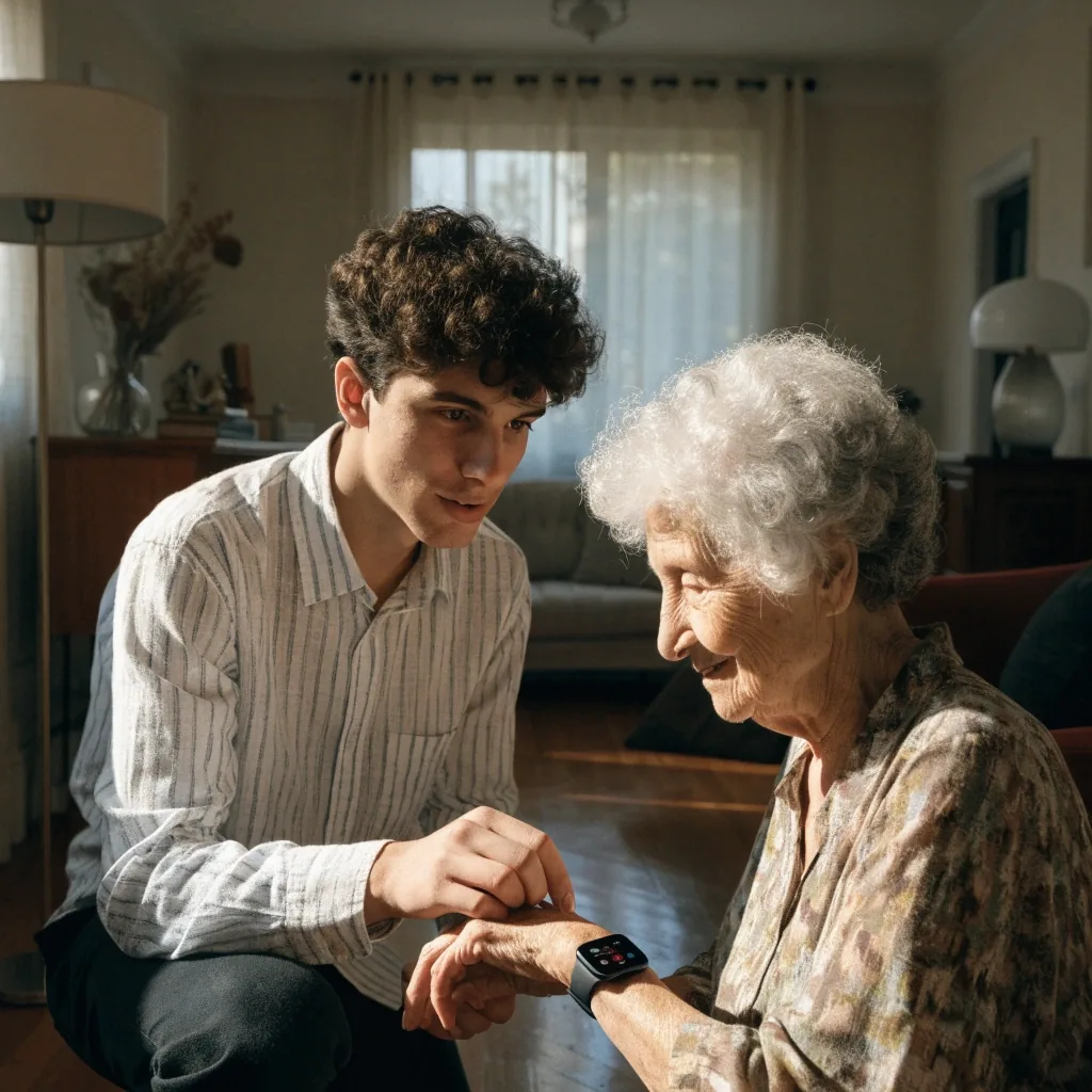 Taller de alfabetización digital para adultos mayores con una persona mayor y un familiar frente a una tableta