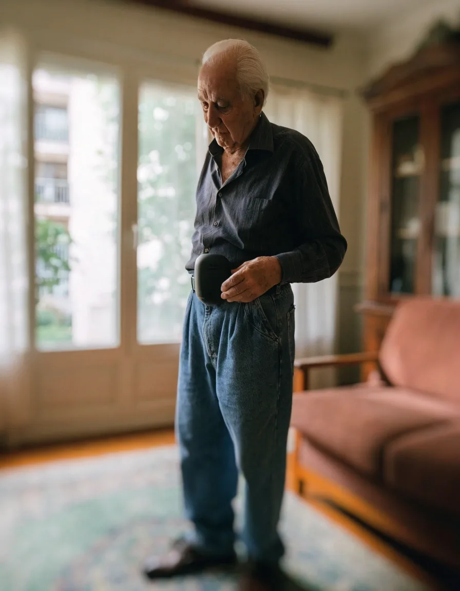Sensor de Caídas HomeGuard sujeto a la ropa de una persona mayor