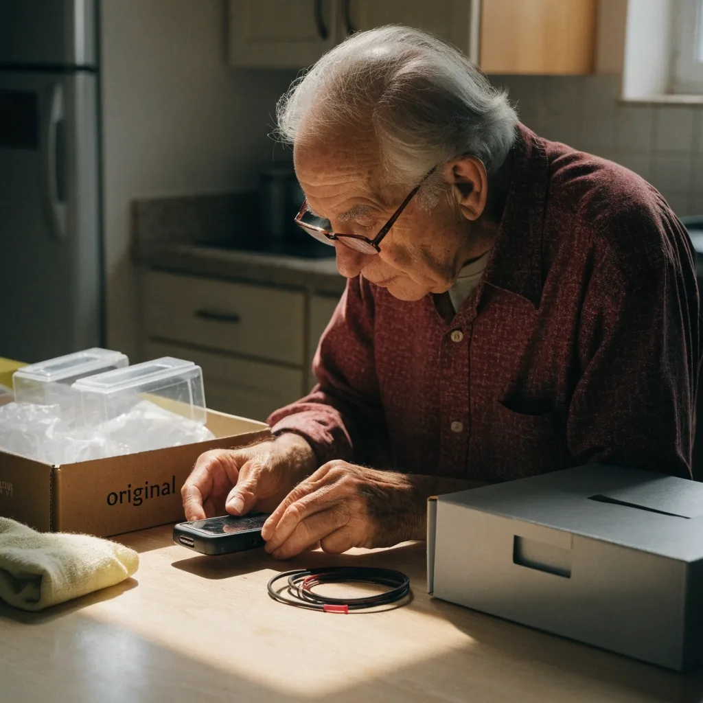 Reembalaje de un dispositivo electrónico en su caja original sobre una mesa
