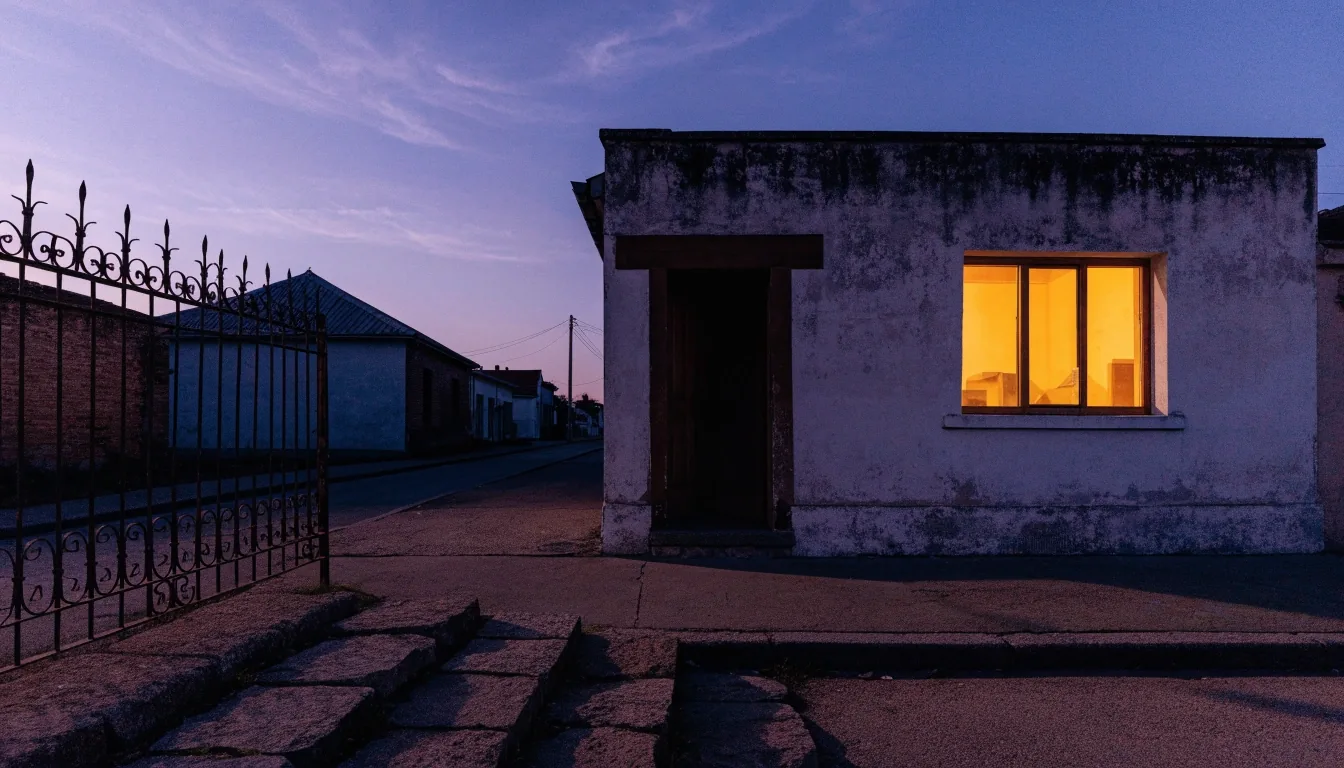 Fachada de una casa argentina al atardecer con una ventana encendida