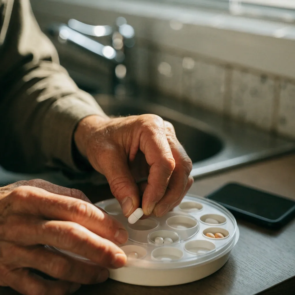 Pastillero Inteligente MediTime abierto sobre una mesada de cocina