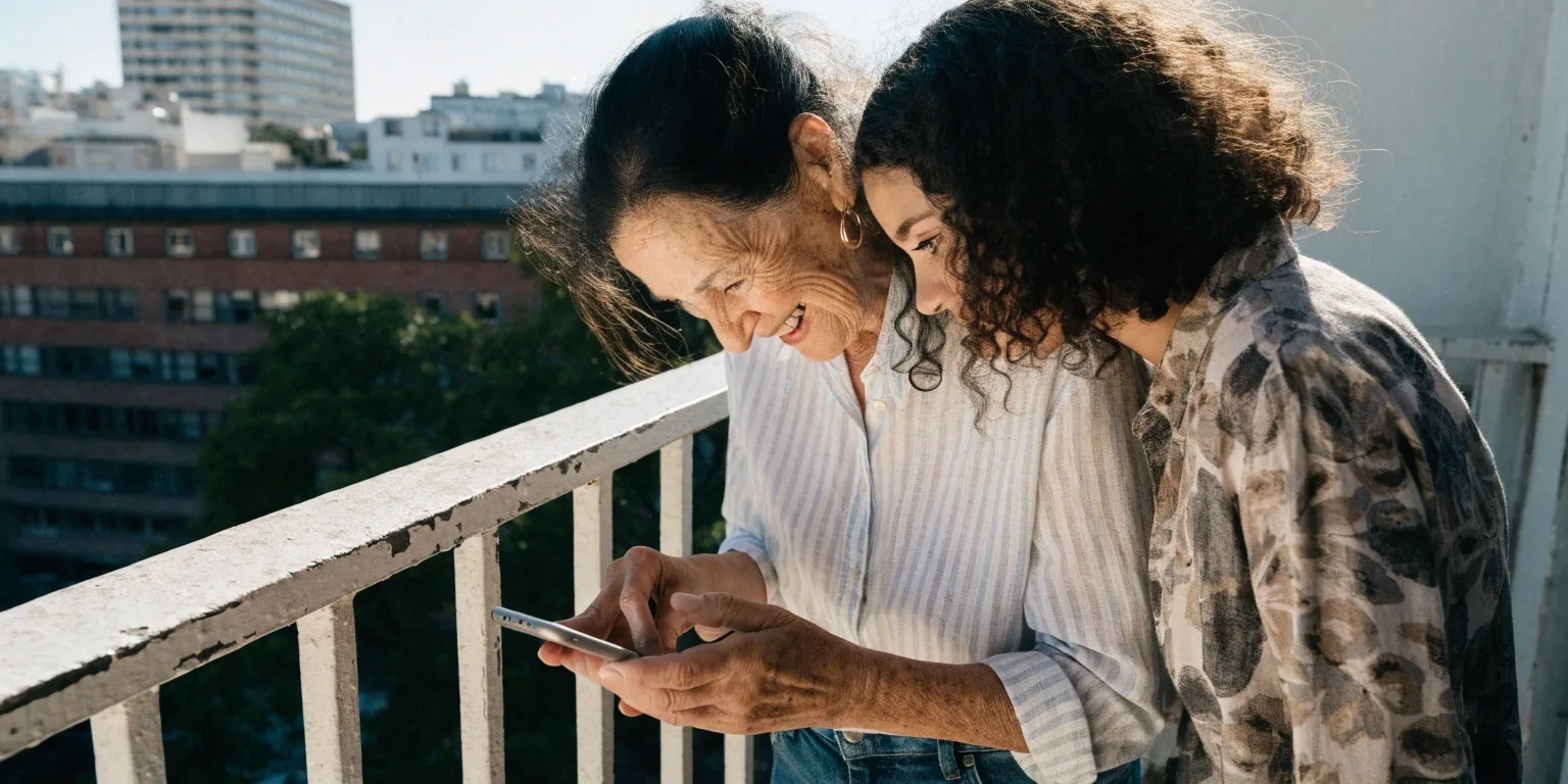 Adulto mayor usando el teléfono EasyCall al aire libre con su familia