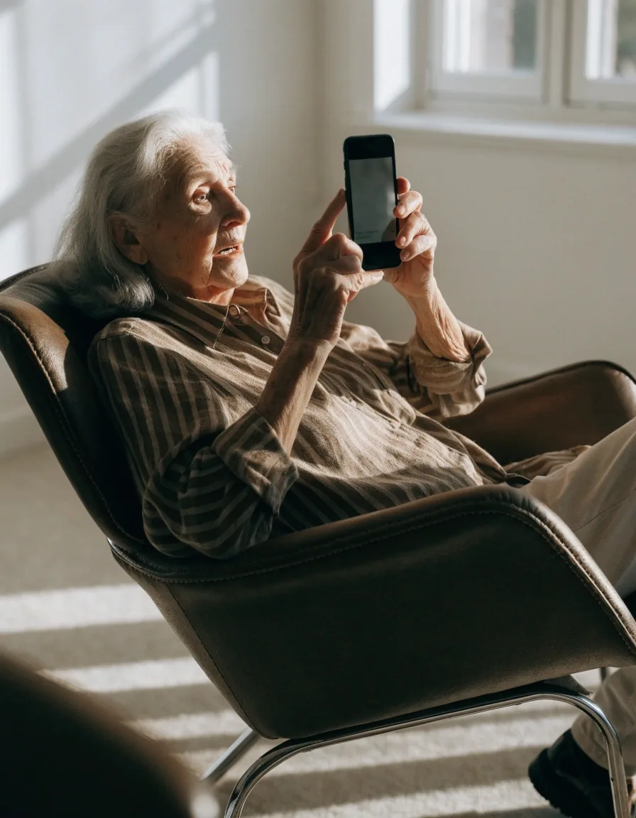 Mujer mayor usando el teléfono EasyCall en una llamada desde su casa