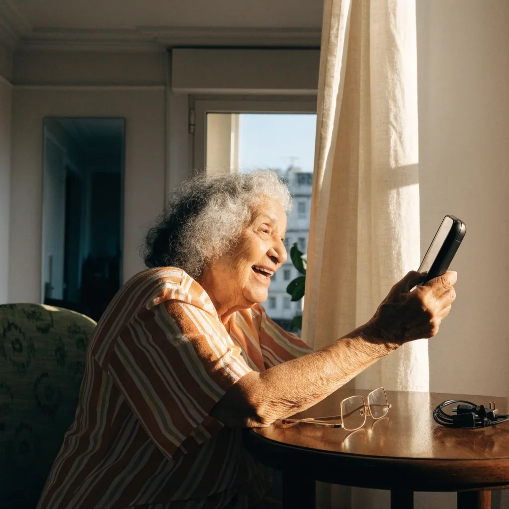 Teléfono Simplificado EasyCall sobre una mesa junto a su cable de carga