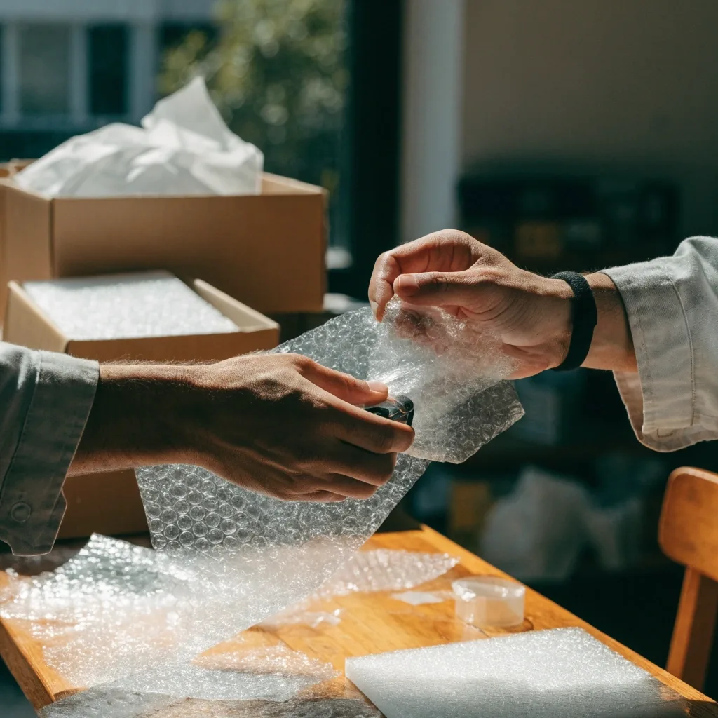 Área de empaque de una tienda de gadgets de asistencia, con cajas y protecciones listas para un envío