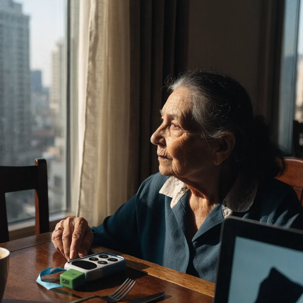 Gadgets de asistencia para adultos mayores dispuestos sobre una mesa junto a los anteojos de lectura