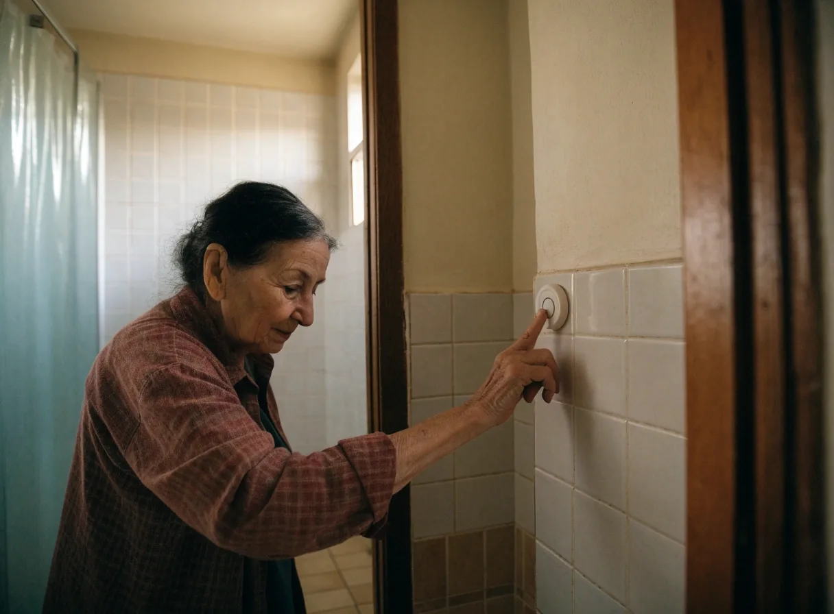 Botón de emergencia HomeAlert montado en la pared junto a la puerta del baño