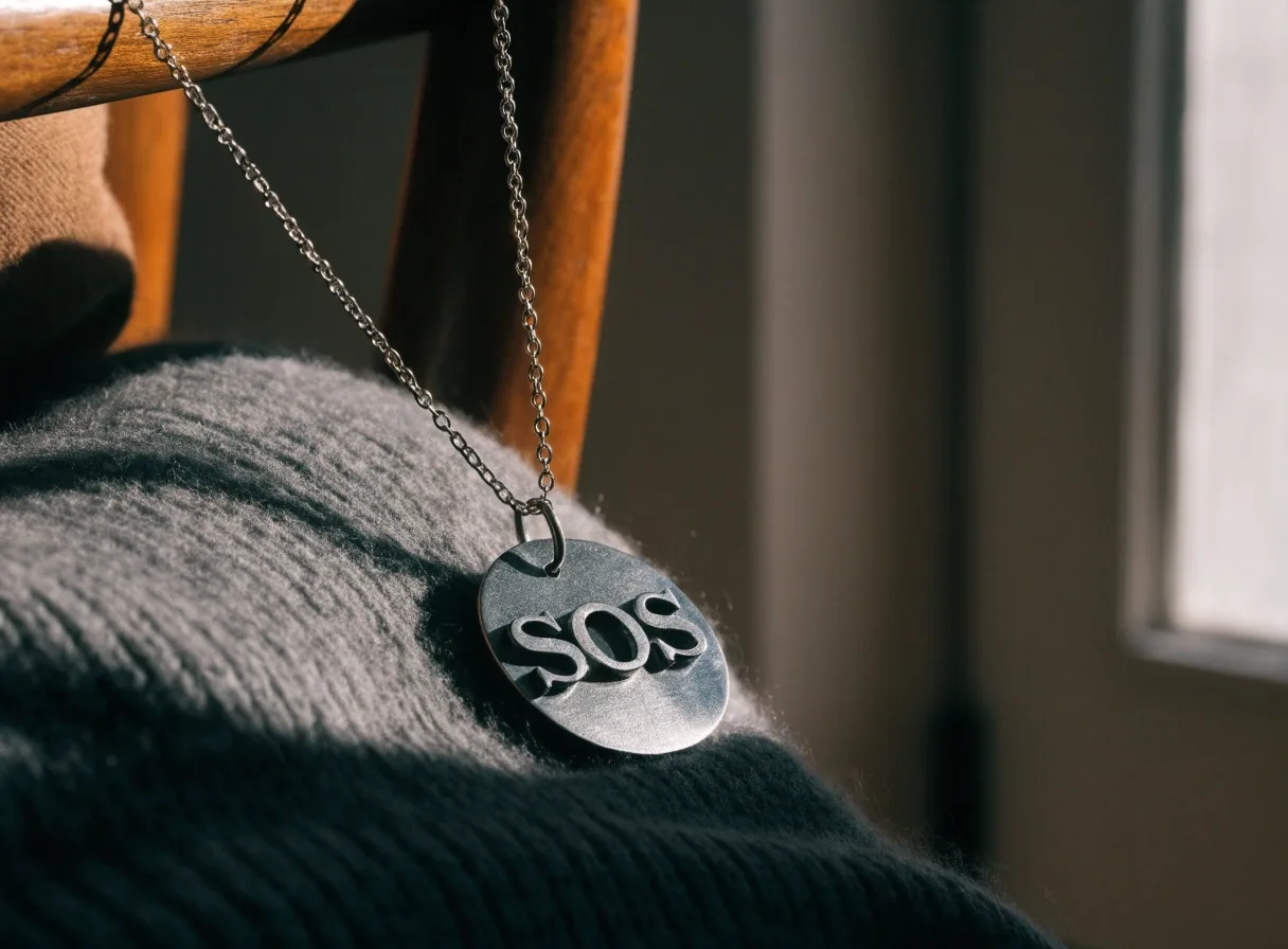 Colgante de emergencia NeckGuard apoyado sobre una prenda gris oscuro